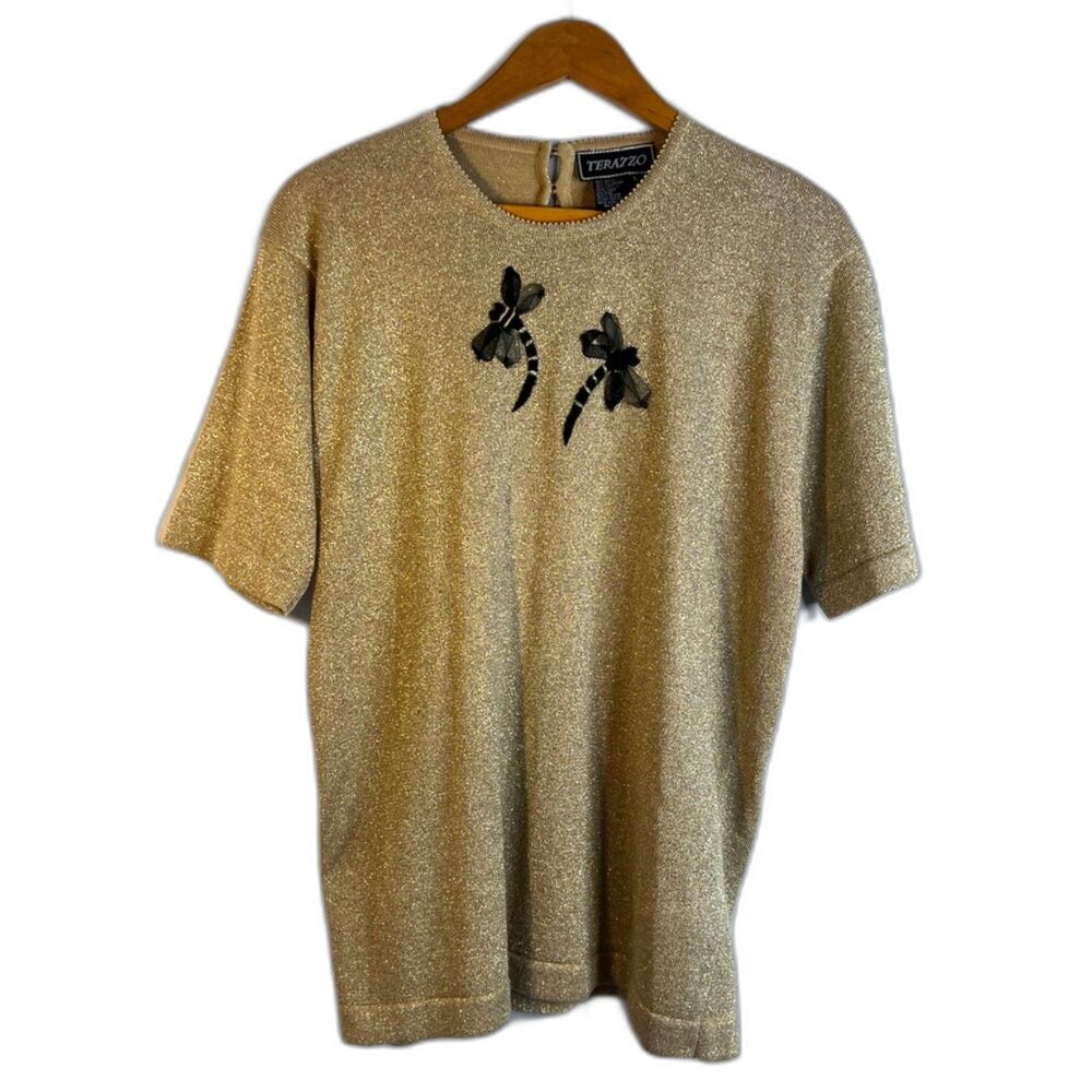Terazzo Gold Metallic Knit Embroidered Dragonfly Sweater Blouse Size Large